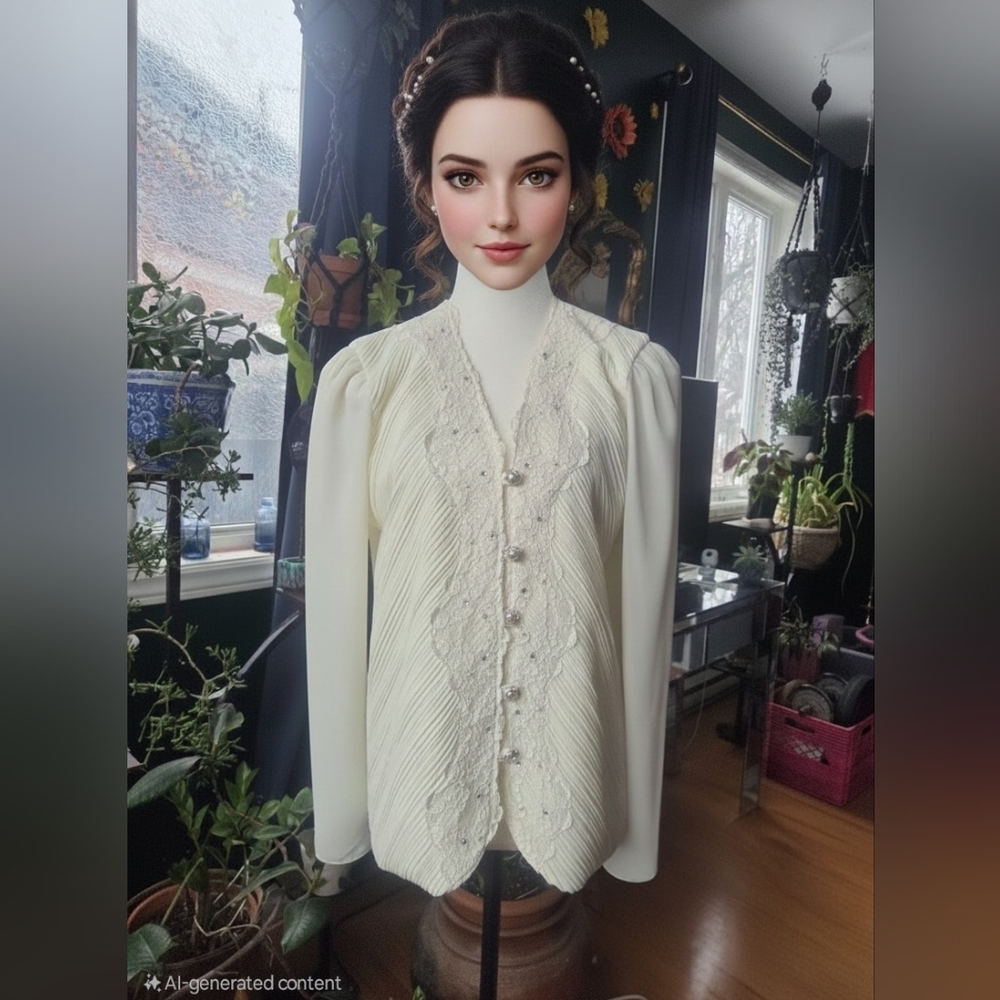 (VINTAGE) Elegant Cream Blouse with Lace Details